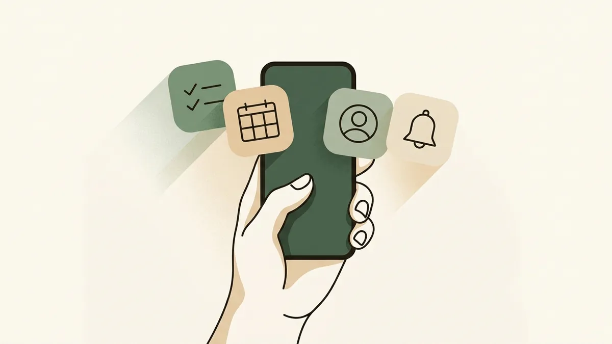 Illustration of a phone showing family task management app options with calendar, checklist, and reminder icons