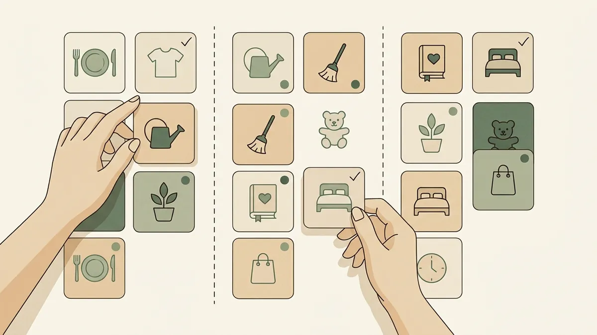 Illustration of a parent sorting family tasks into organized lanes by owner