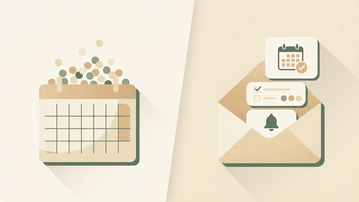 Illustration comparing a cluttered calendar of school emails with an organized plan of events, tasks, and reminders