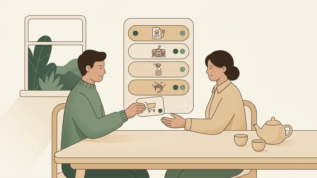 Illustration of two partners dividing family admin tasks with shared owners