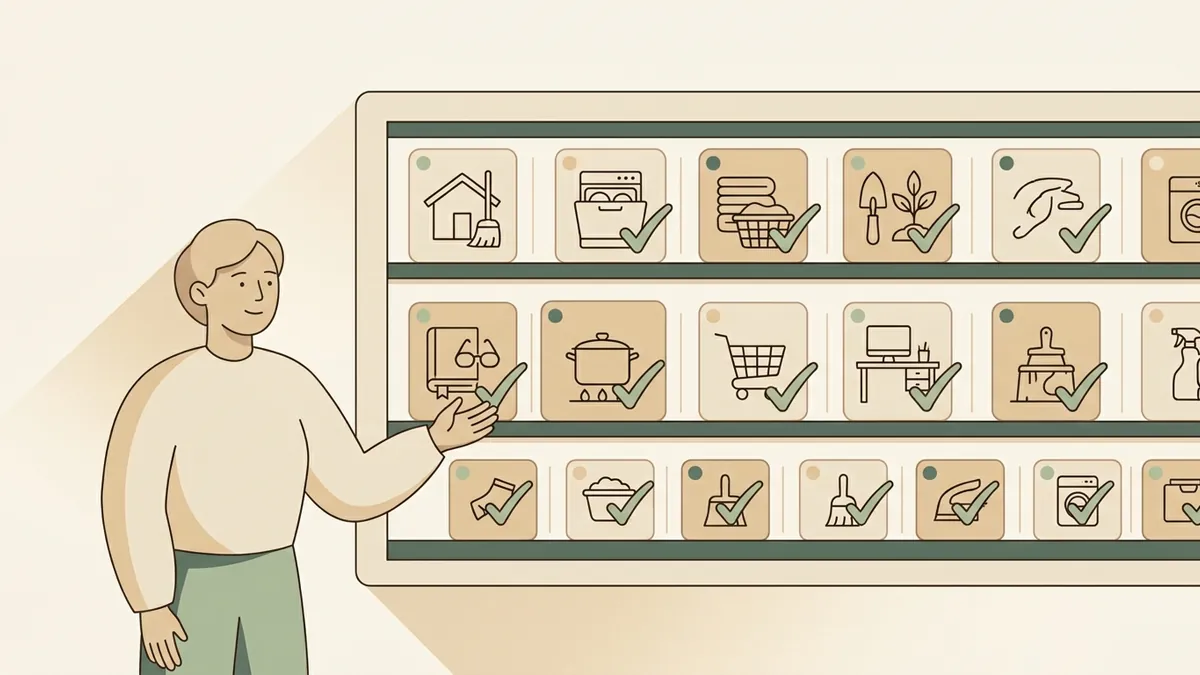 Illustration of a parent beside an organized family task management board with owners and checkmarks