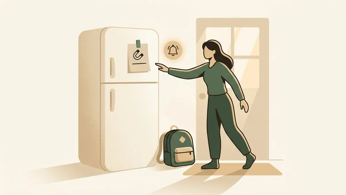 Illustration of a parent catching a permission slip on the fridge with a reminder before leaving home