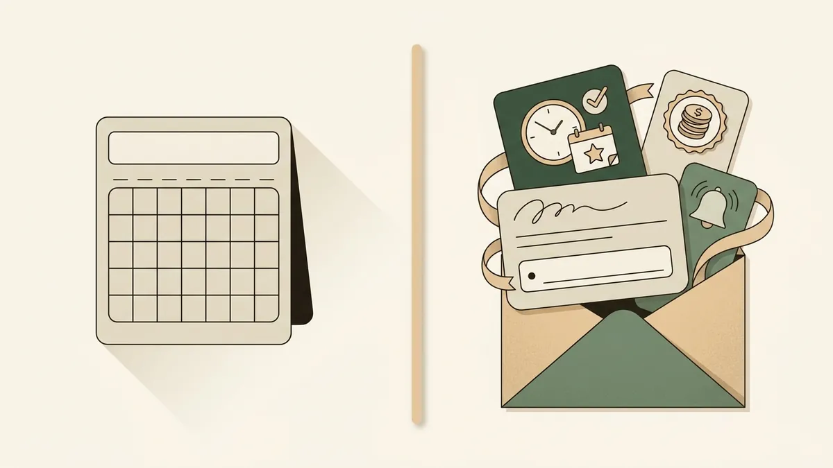 Illustration comparing a plain calendar with an organized bundle of school permission slips, events, fees, and reminders