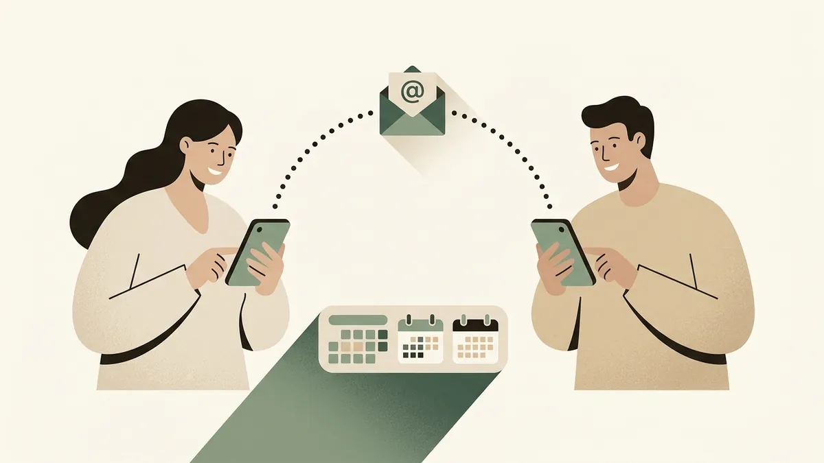 Illustration of two co-parents sharing a school email and a shared family calendar between their phones