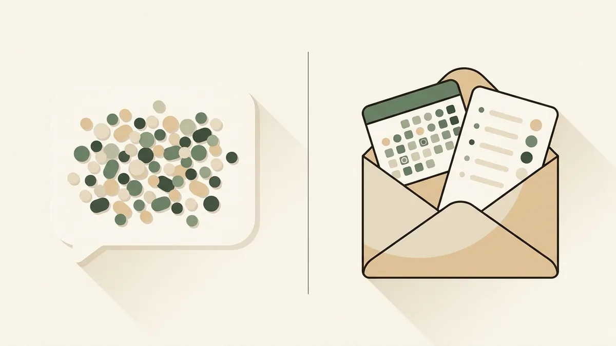 Illustration comparing scattered school messages with an organized family calendar and task list
