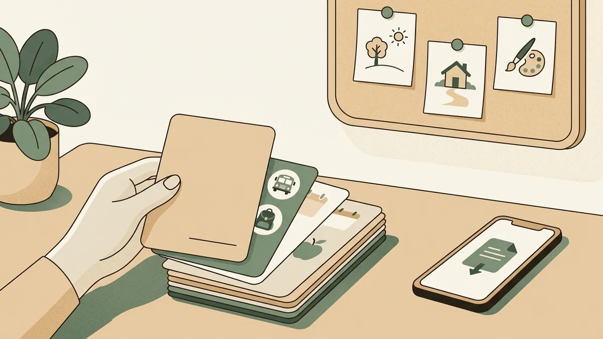 Illustration of a parent sorting school flyers, PDFs, and permission slips into one organized pile