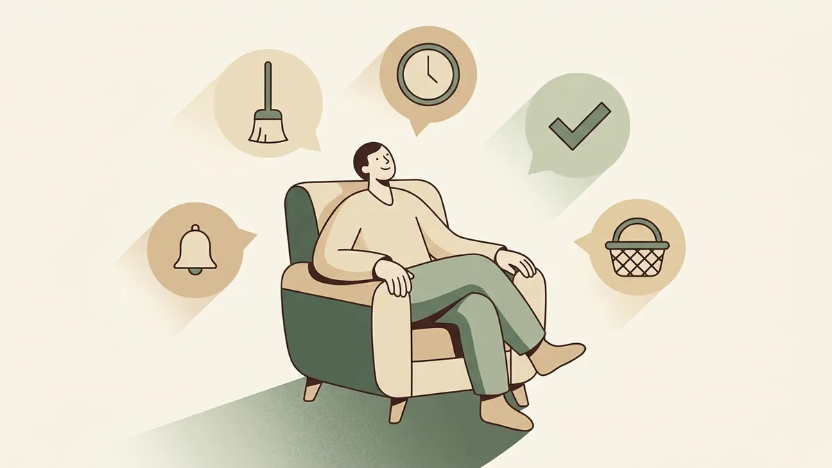 Illustration of a parent with household tasks balanced and shared, reducing invisible mental load
