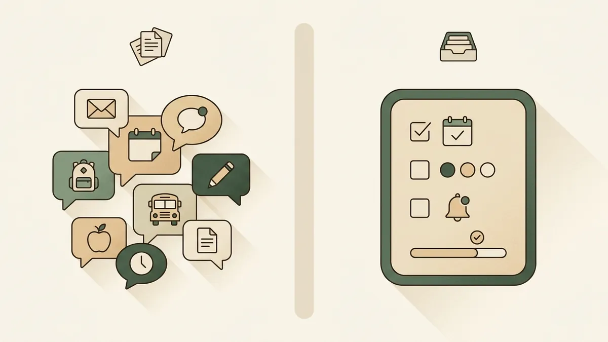 Illustration comparing scattered school communication apps with one tidy family action inbox