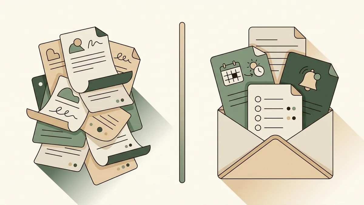 Illustration comparing a messy stack of school documents with an organized family calendar and reminders