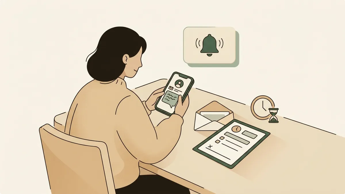 Illustration of a parent tracking school emails, permission slips, and deadlines with reminders
