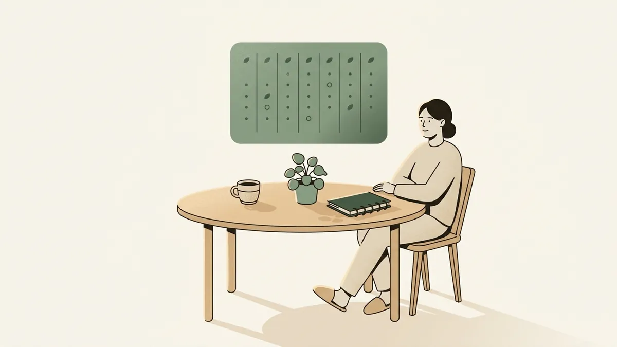 Illustration of a parent reviewing a weekly family planning routine at a sunlit kitchen table
